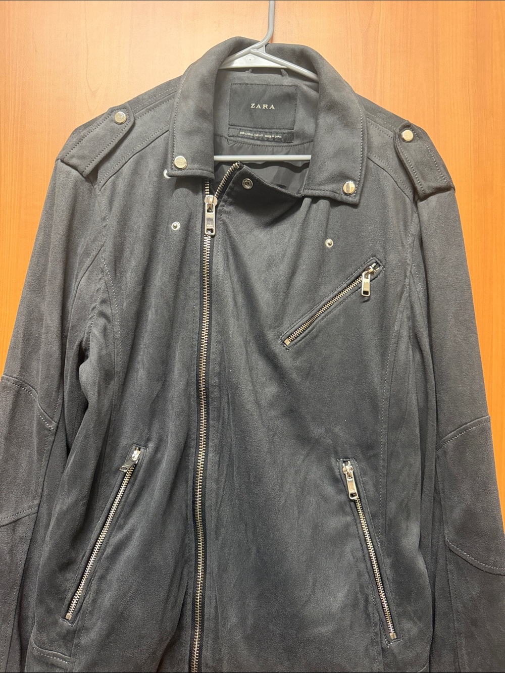 Zara Men's Charcoal Suede Biker Jacket with Silver Hardware